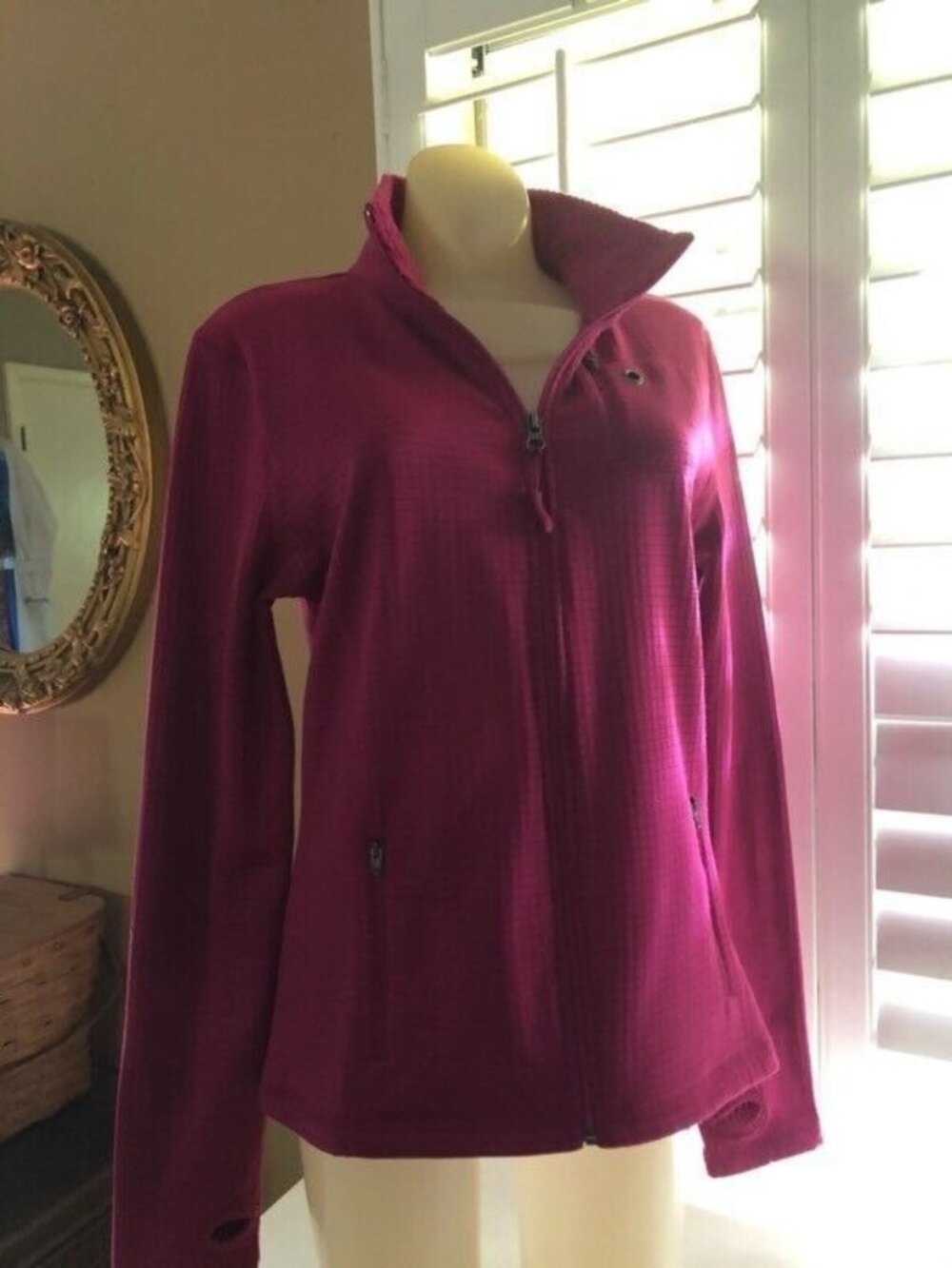 Danskin Now Womens Activewear Jacket Purple Pockets Thumb Holes Mock Neck Zip M